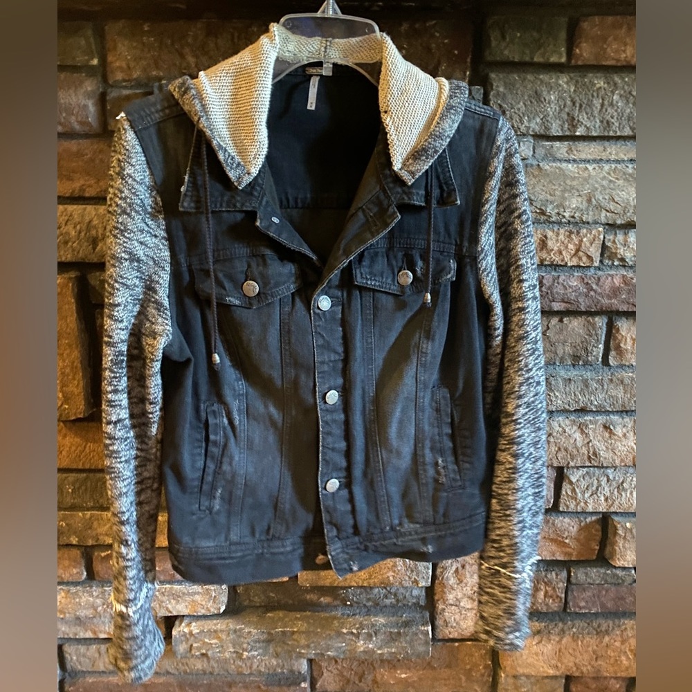 FREE PEOPLE BLACK DENIM & KNITTED HOODIE